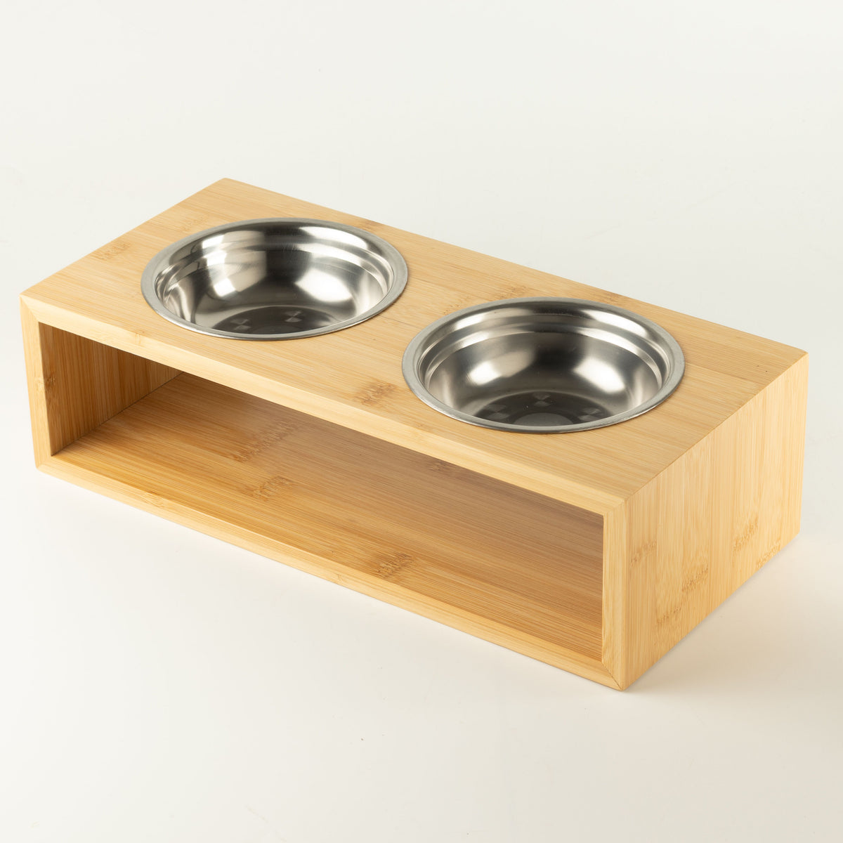 PAW Food Bowls - Large Double Stainless Steel (201) in Wooden Stand - 2x13cm