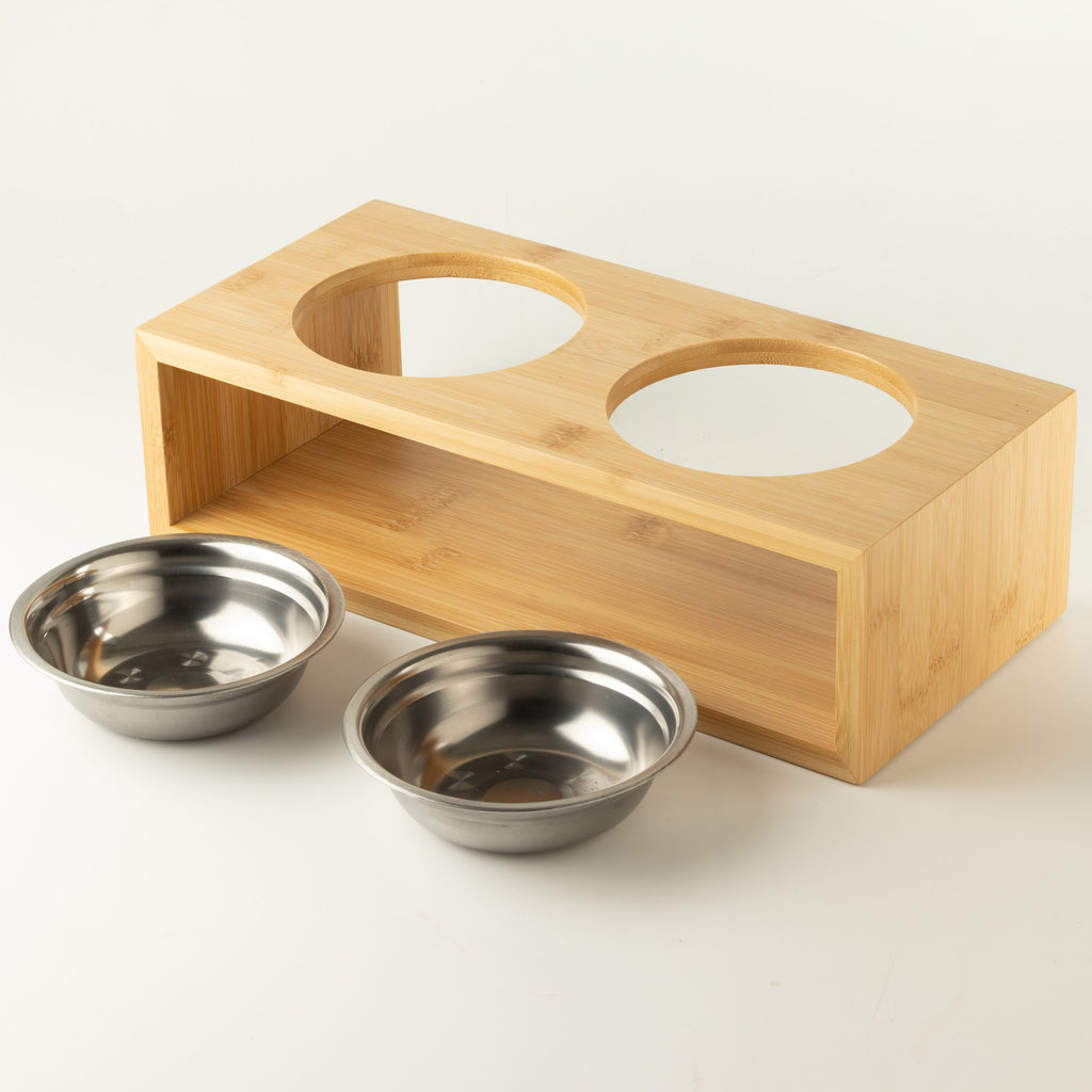 PAW Food Bowls - Large Double Stainless Steel (201) in Wooden Stand - 2x13cm