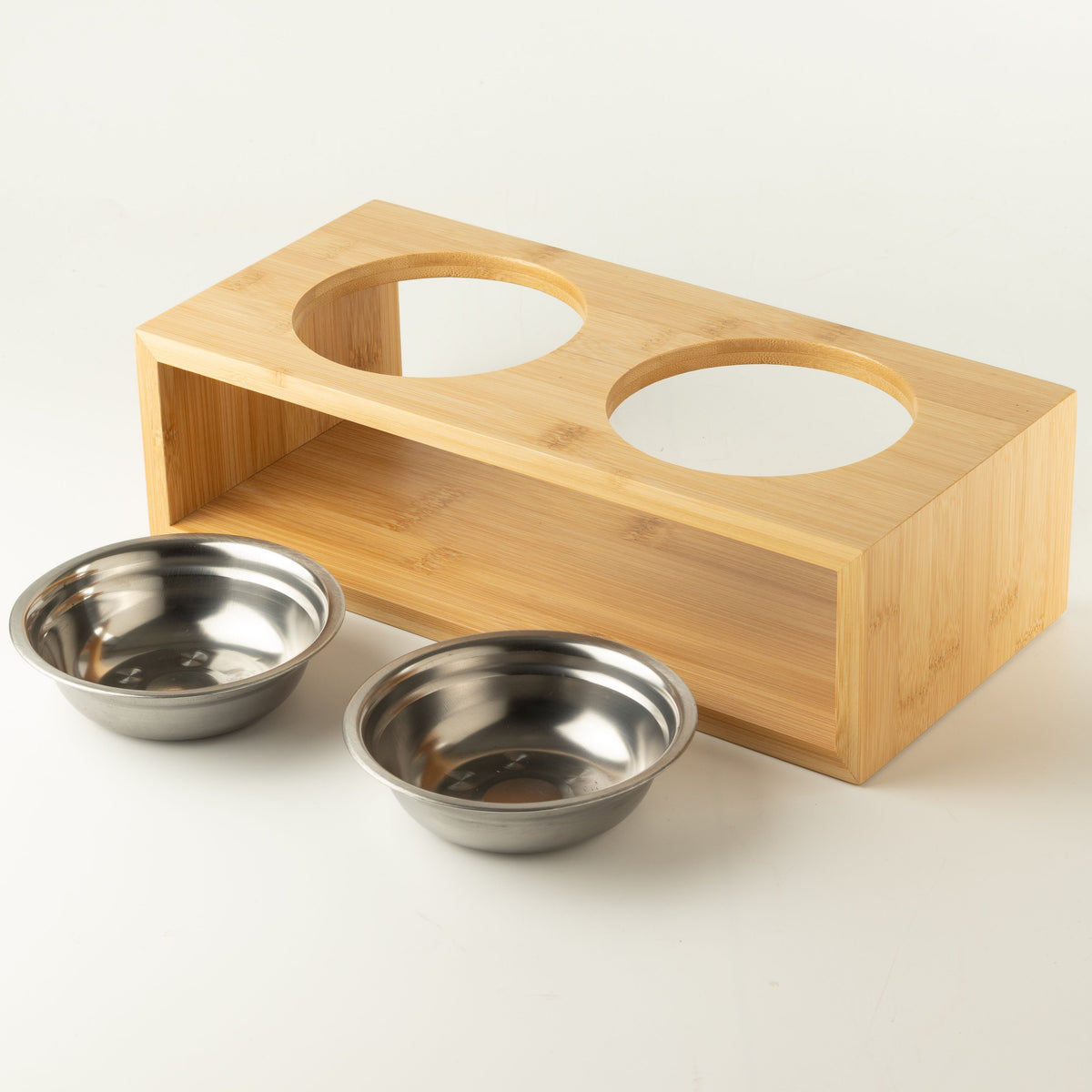 PAW Food Bowls - Large Double Stainless Steel (201) in Wooden Stand - 2x13cm