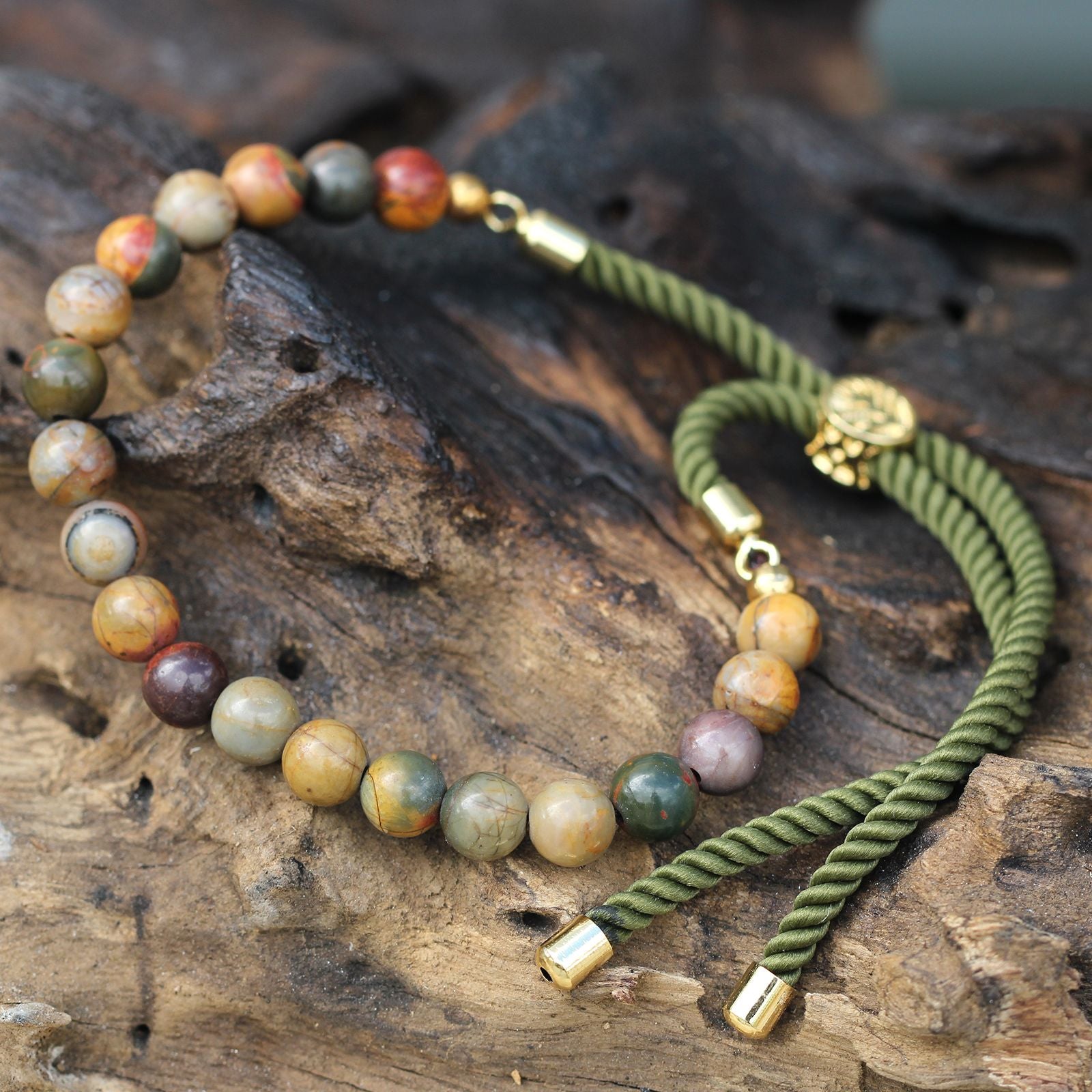 18K Gold Plated Gemstone Moss String Bracelet - Picasso Jasper