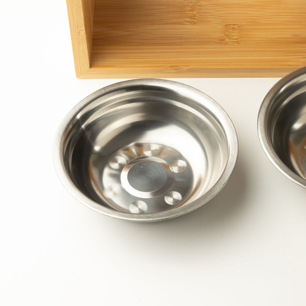 PAW Food Bowls - Large Double Stainless Steel (201) in Wooden Stand - 2x13cm