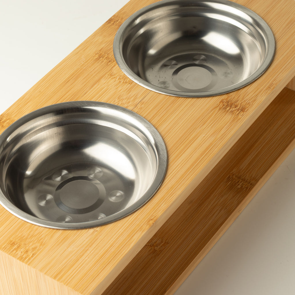 PAW Food Bowls - Large Double Stainless Steel (201) in Wooden Stand - 2x13cm