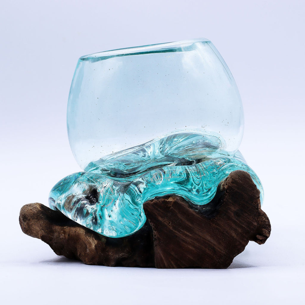 Molten Glass Mini Goldfish Bowl on Wood 20cm | Molten Glass Decor
