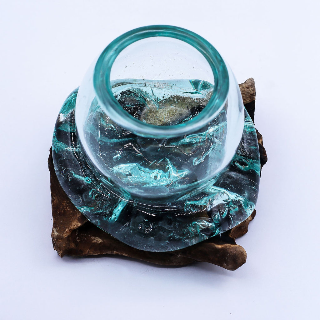 Molten Glass Mini Goldfish Bowl on Wood 20cm | Molten Glass Decor