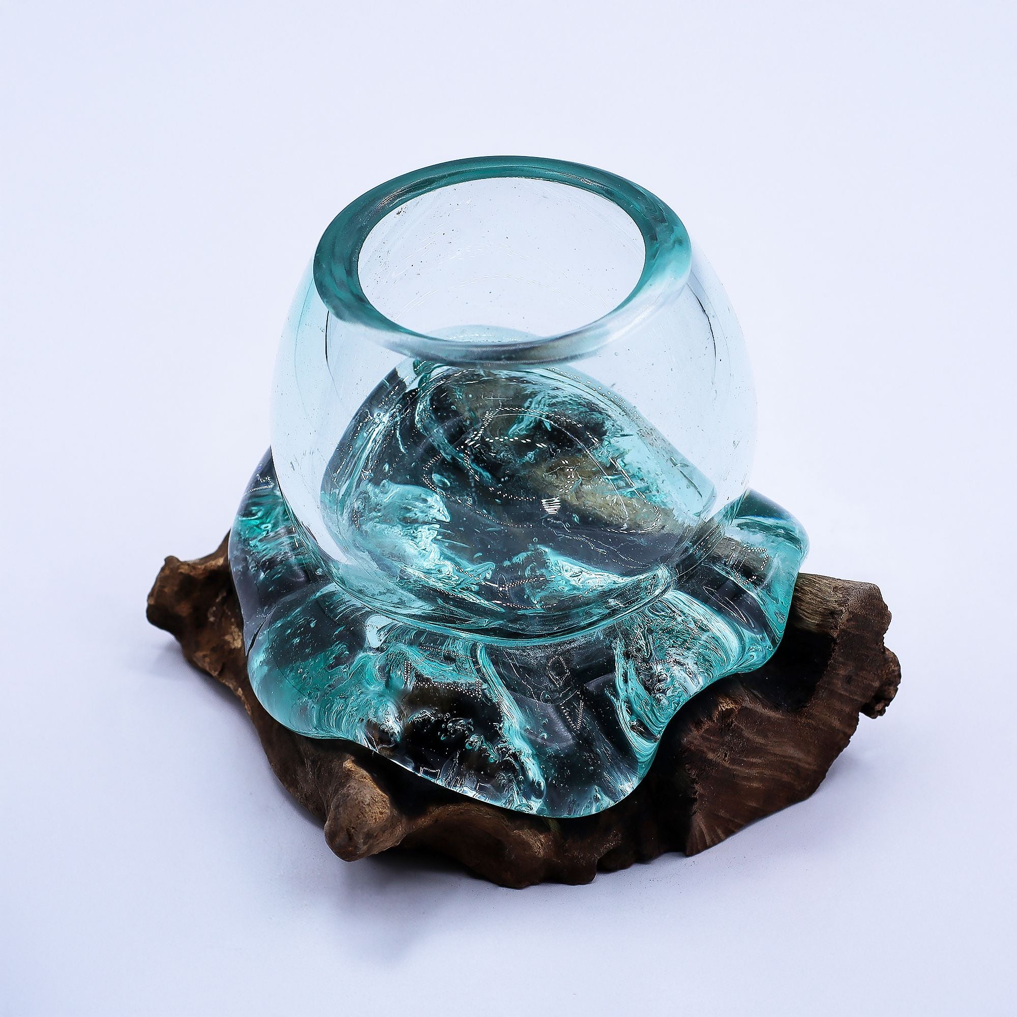 Molten Glass Mini Goldfish Bowl on Wood 20cm | Molten Glass Decor