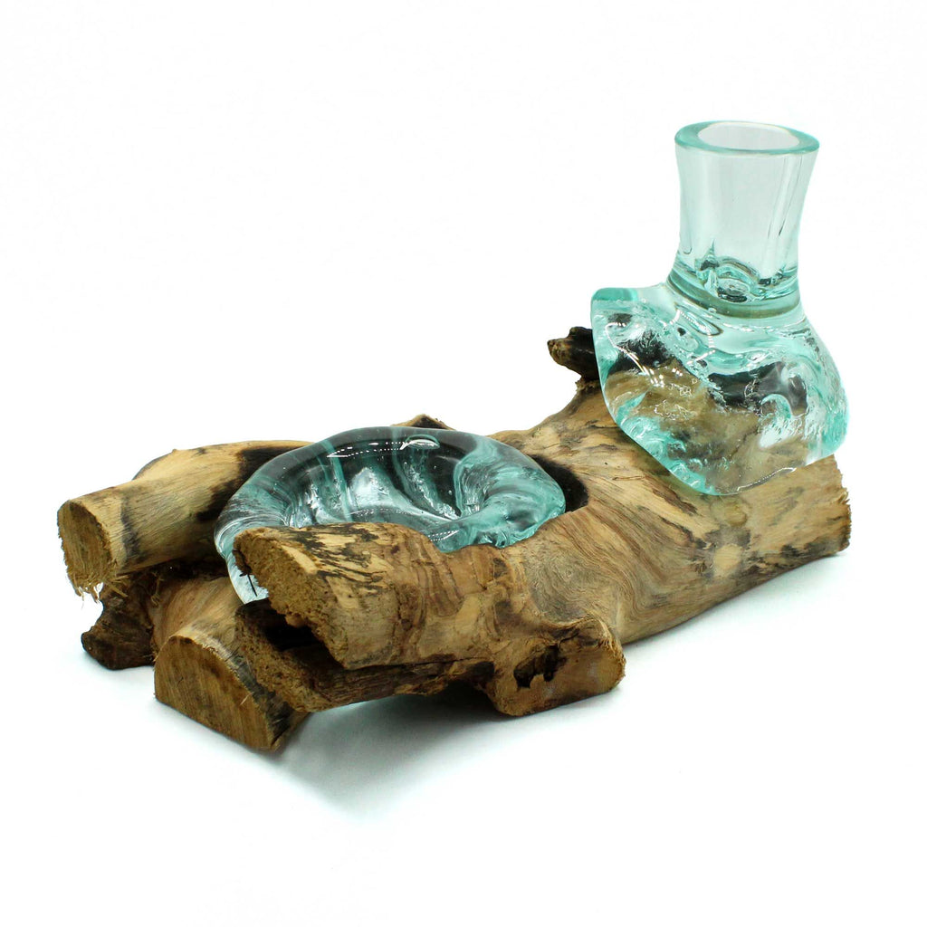 Molten Glass Small Flower Vase and Tealight Holder on Wood | Molten Glass Decor