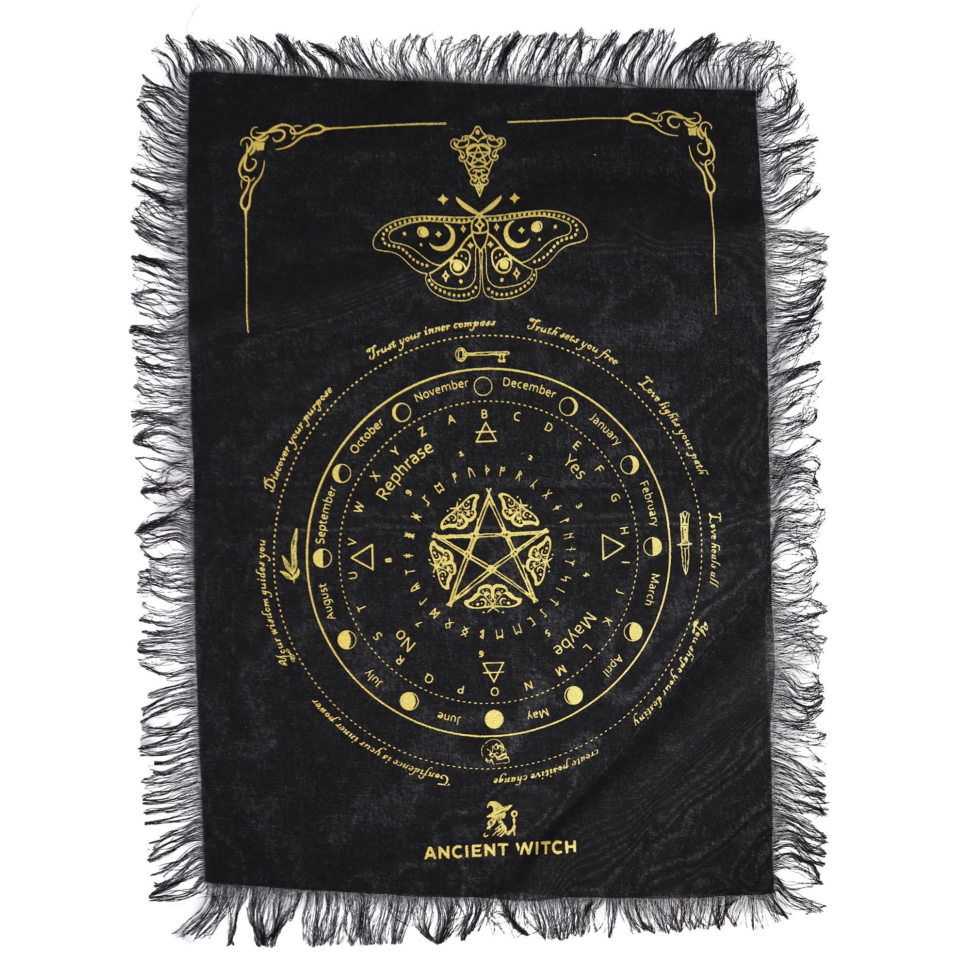 Ancient Witch Pendulum Divination Cloth - Mystic Moth - Black & Gold (30x46.5cm)