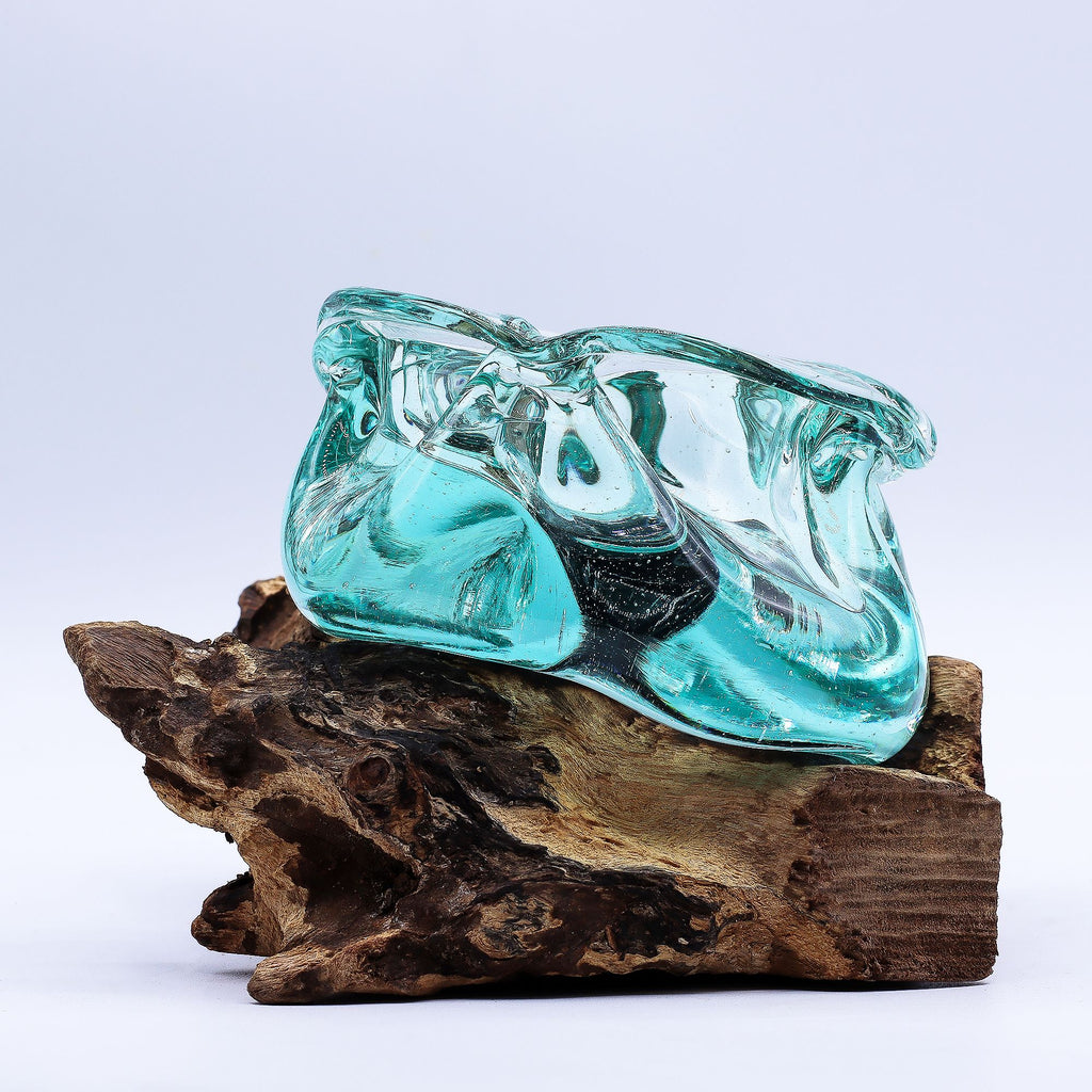 Molten Glass Chunky Ashtray / Candle Holder on Wood 23cm | Molten Glass Decor