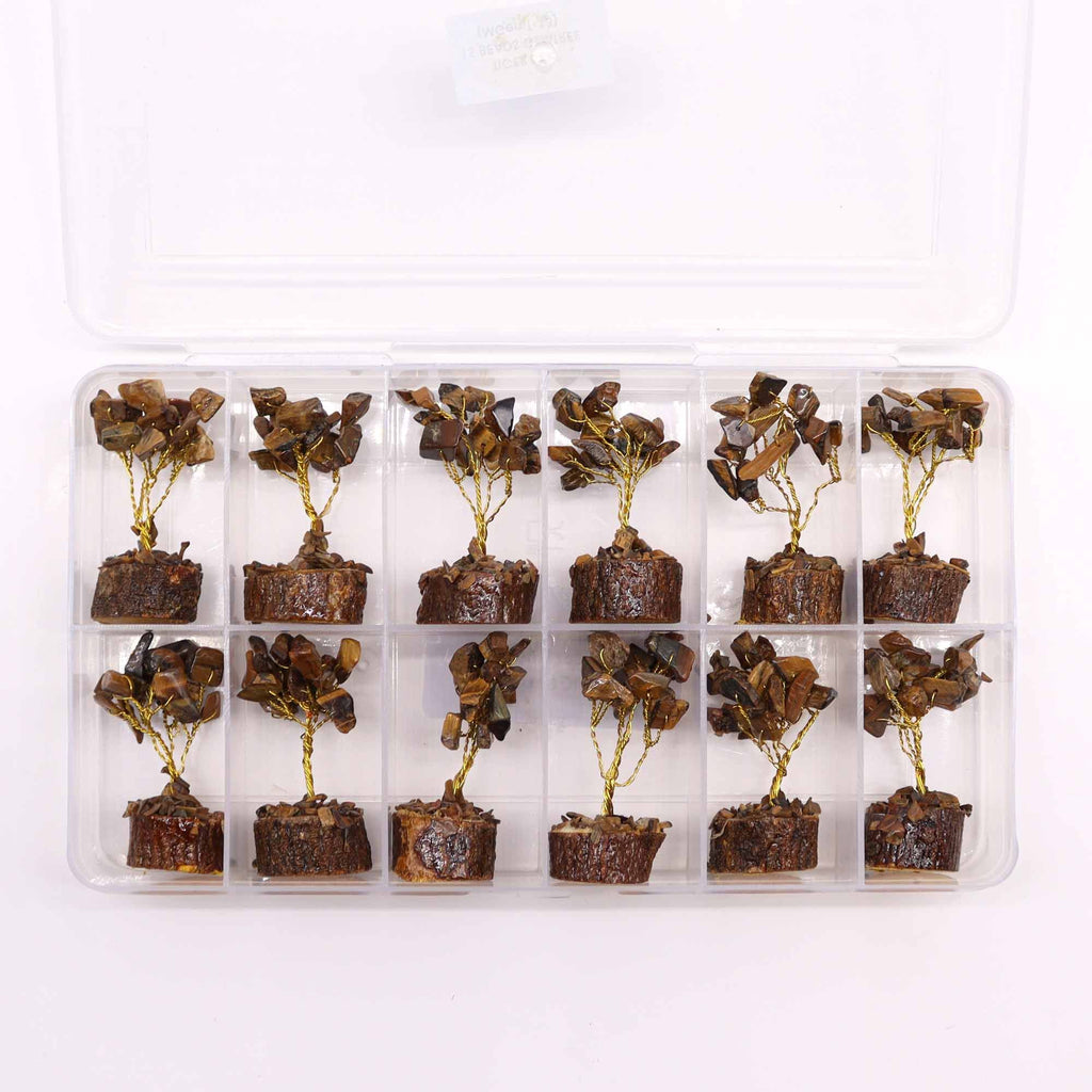 Mini Gemstone Tree On Wood Base - Tiger's eye (15 stones)