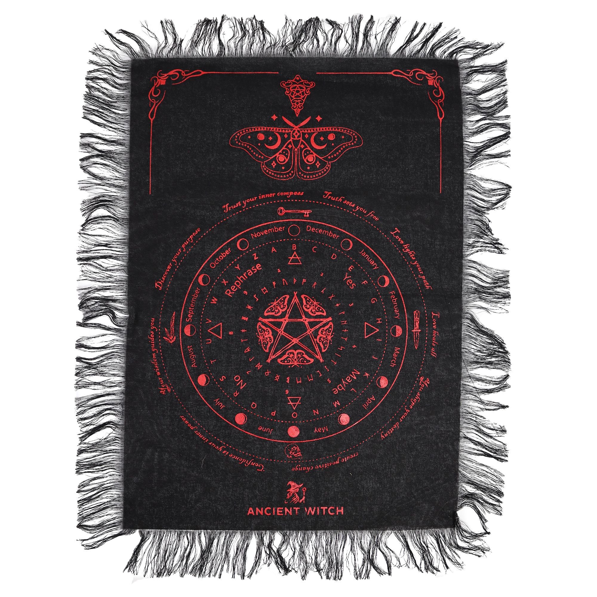 Ancient Witch Pendulum Divination Cloth - Mystic Moth - Black & Blood Red (30x46.5cm)