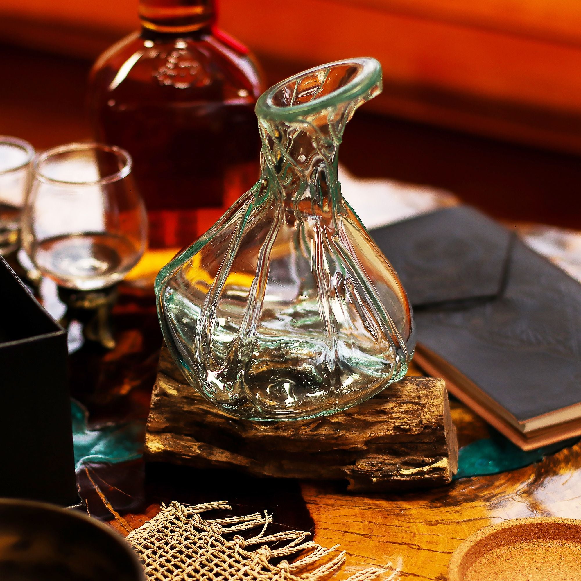 Molten Glass Fancy Mini Decanter on Wood 24cm | Molten Glass Decor