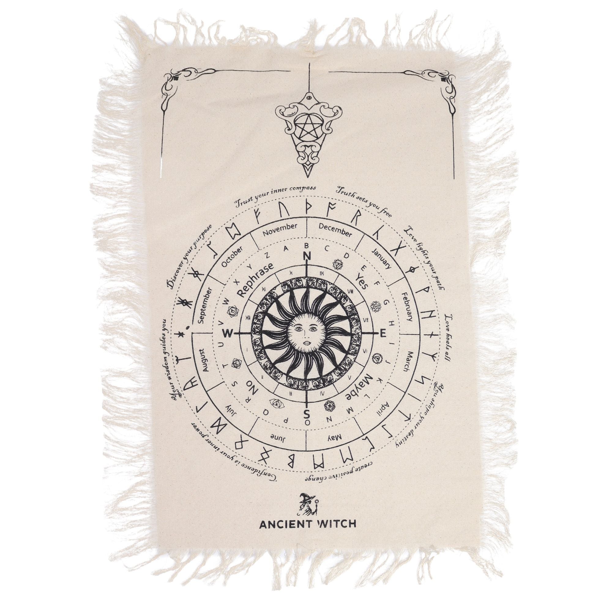 Ancient Witch Pendulum Divination Cloth - Sun Face - Natural & Black (30x46.5cm)