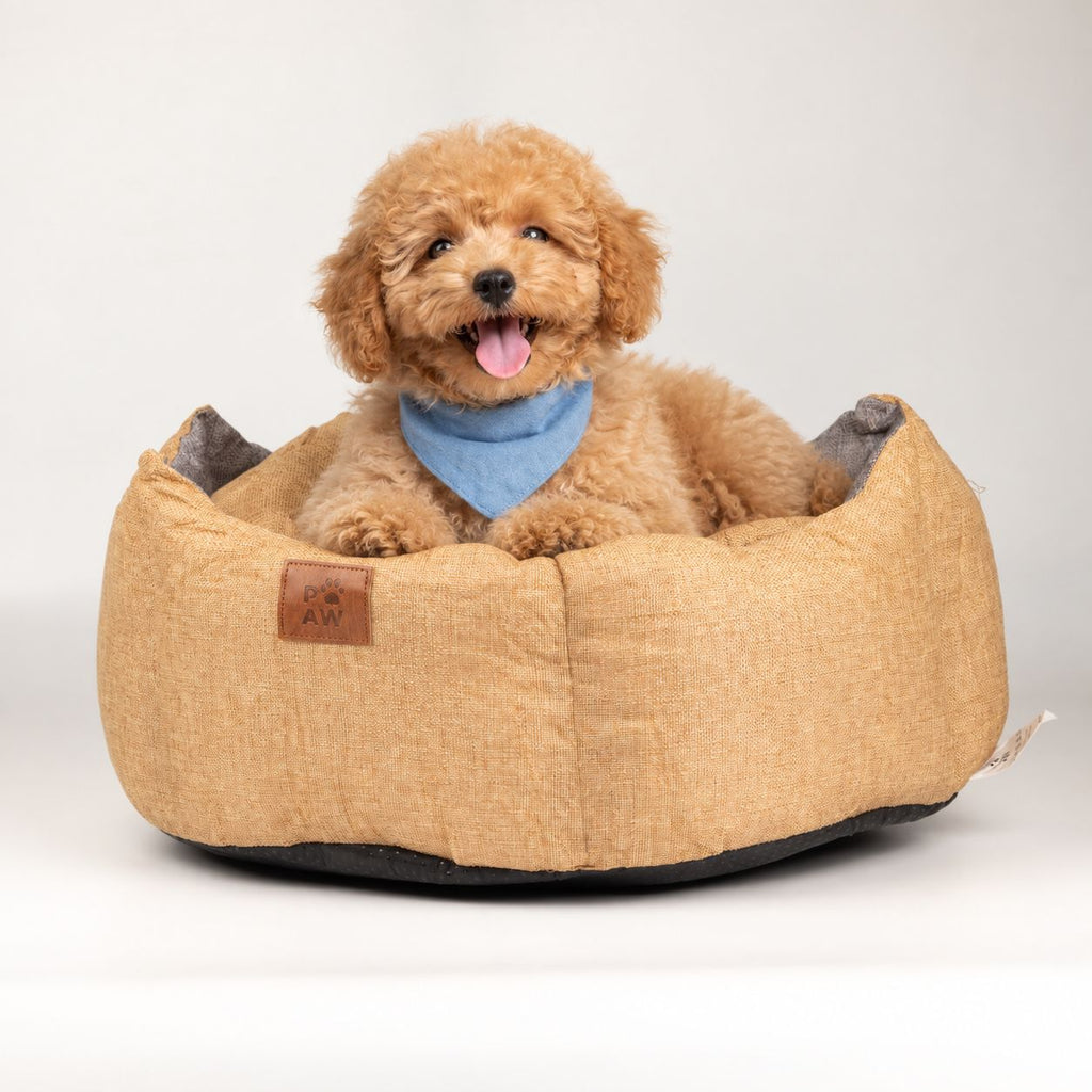 Paw Bed – Medium Royal Crown – Sand & Grey – 50 × 50 × 26cm