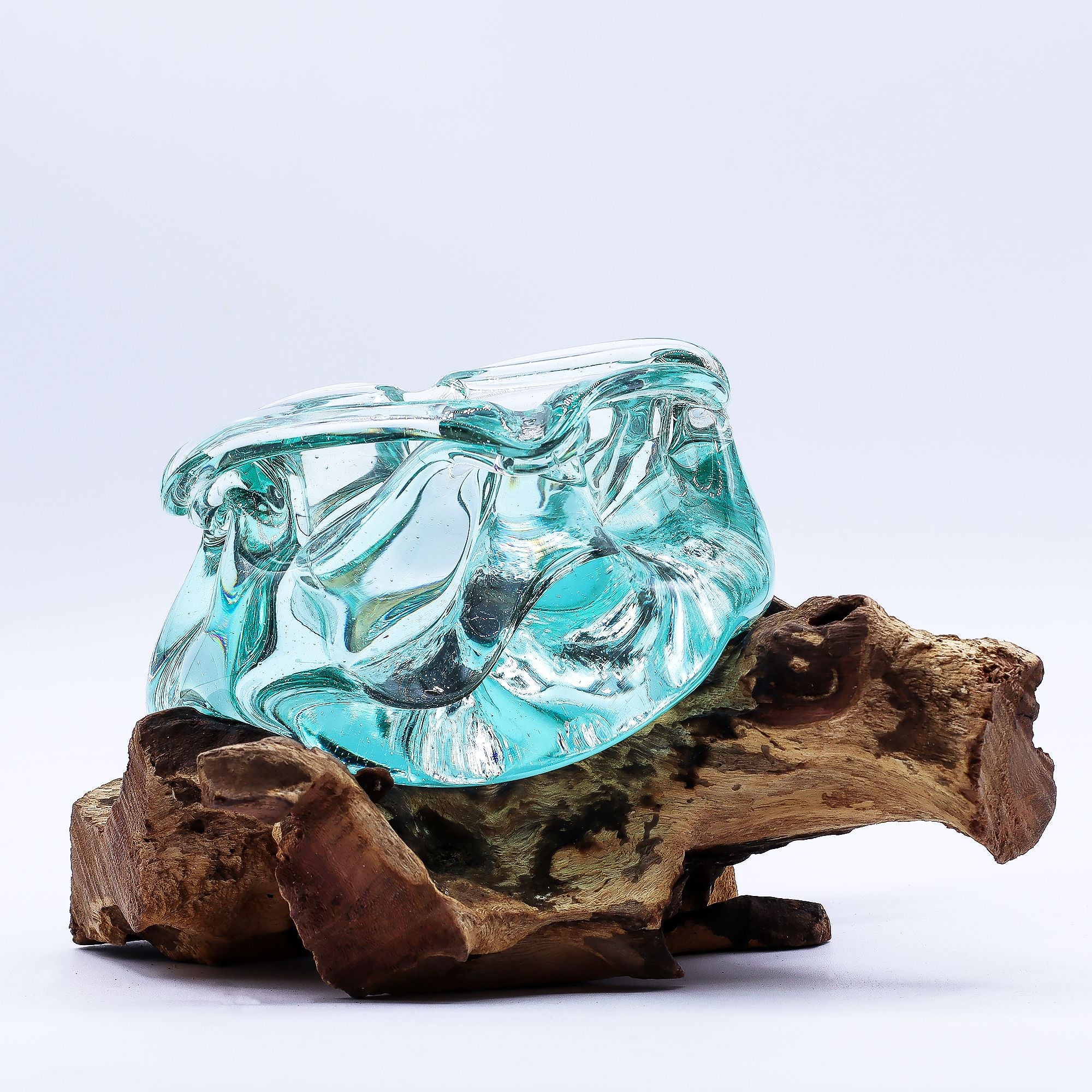 Molten Glass Chunky Ashtray / Candle Holder on Wood 23cm | Molten Glass Decor