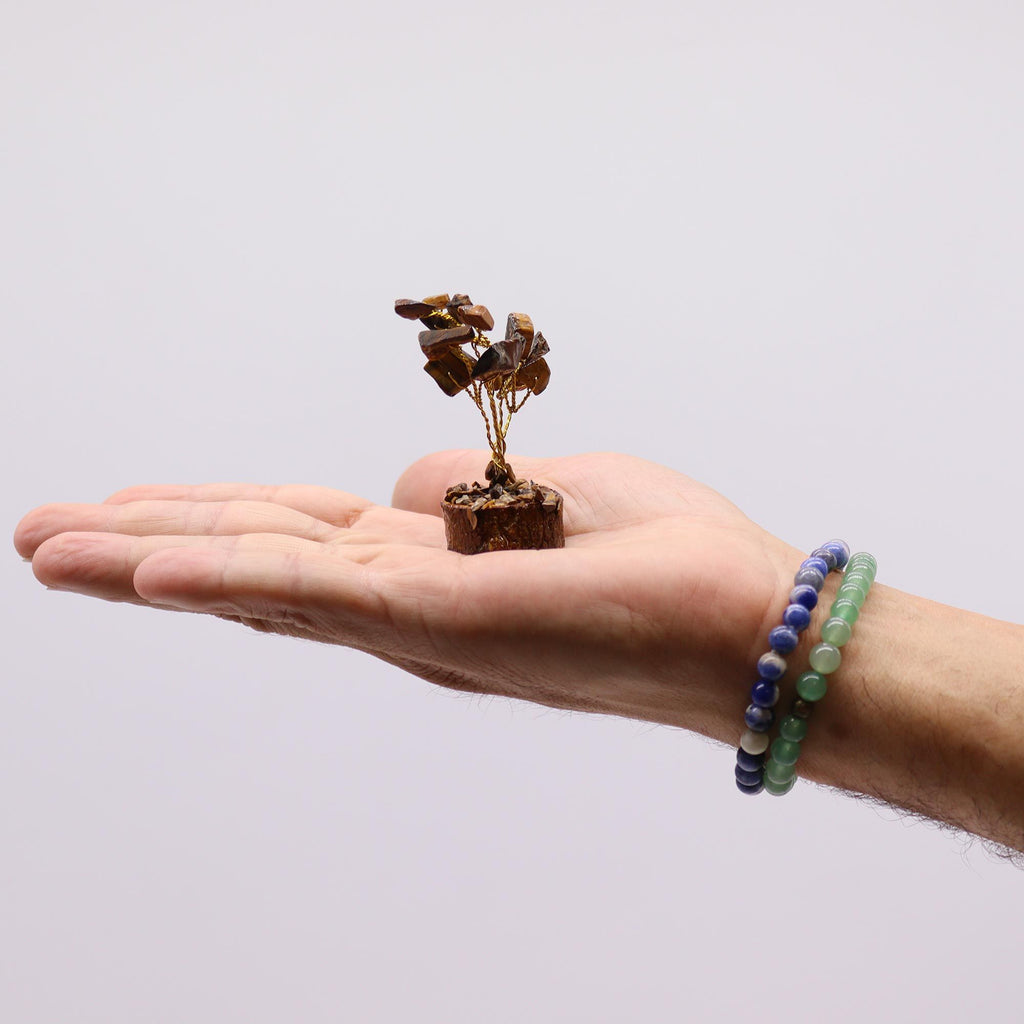 Mini Gemstone Tree On Wood Base - Tiger's eye (15 stones)