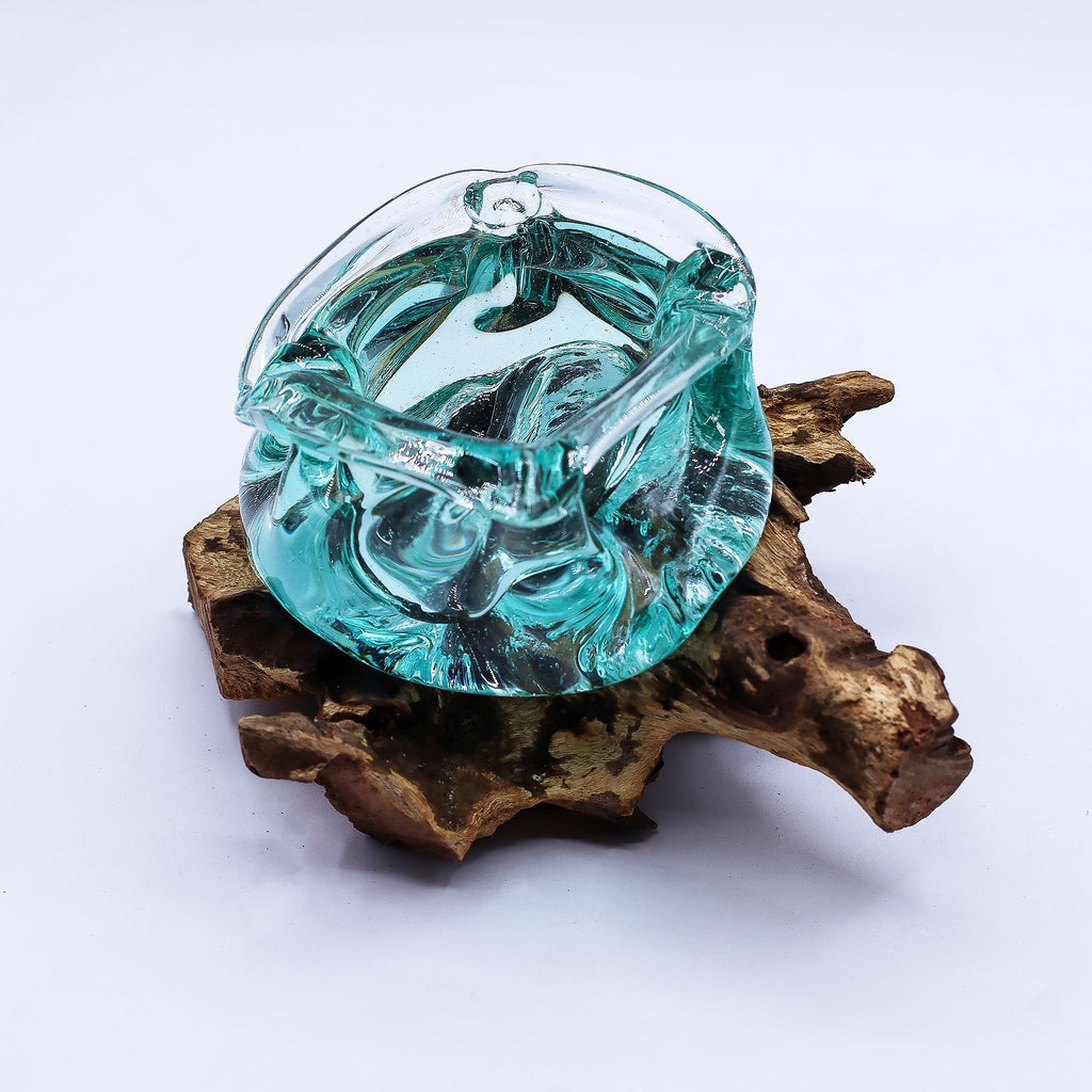 Molten Glass Chunky Ashtray / Candle Holder on Wood 23cm | Molten Glass Decor