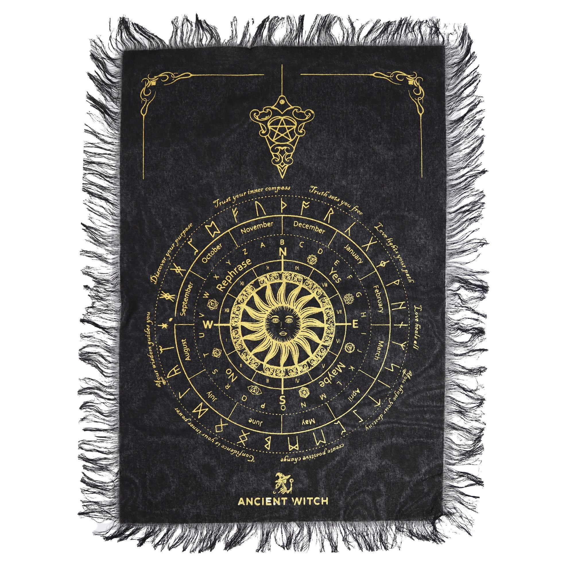 Ancient Witch Pendulum Divination Cloth - Sun Face - Black & Gold (30x46.5cm)