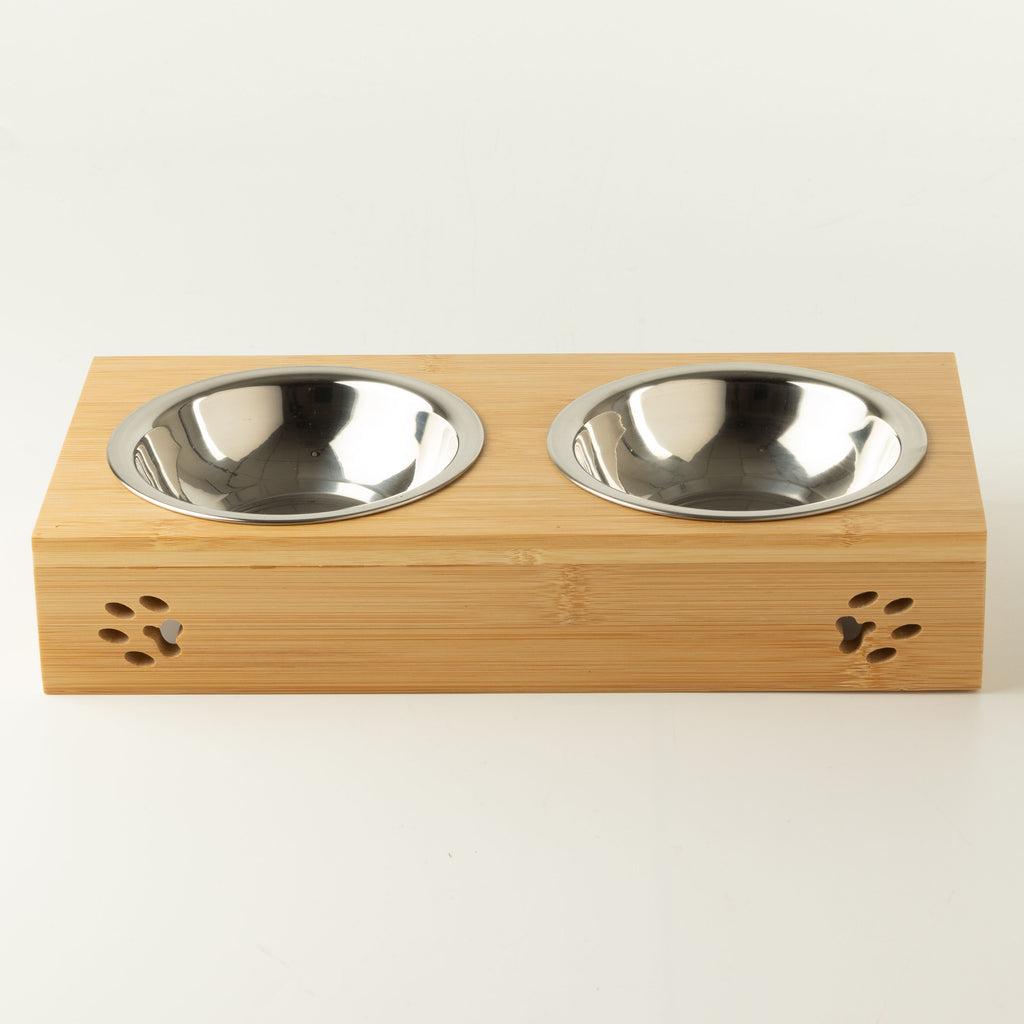PAW Food Bowls - Double Stainless Steel in Wooden Stand - 2x12cm
