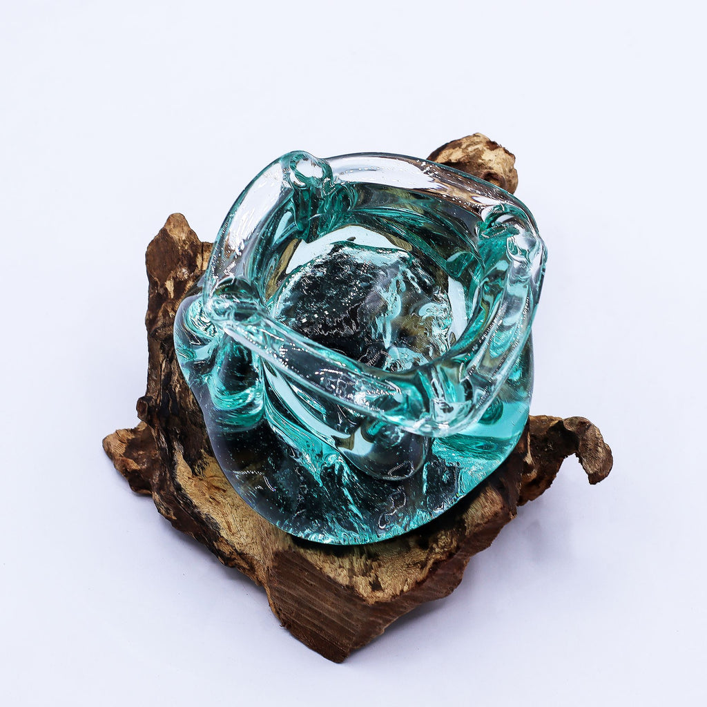 Molten Glass Chunky Ashtray / Candle Holder on Wood 23cm | Molten Glass Decor