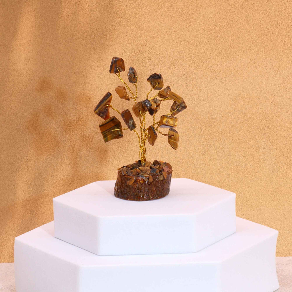 Mini Gemstone Tree On Wood Base - Tiger's eye (15 stones)