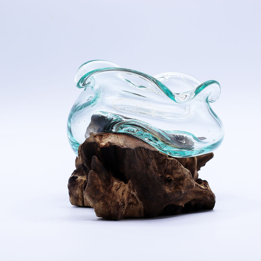 Molten Glass Wavy Bowl on Wood 18cm | Molten Glass Decor