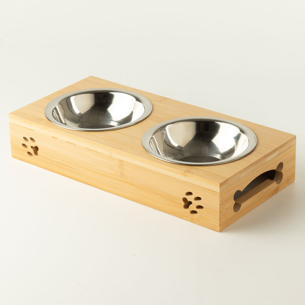 PAW Food Bowls - Double Stainless Steel in Wooden Stand - 2x12cm