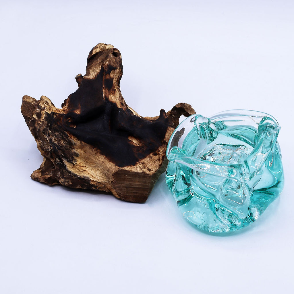 Molten Glass Chunky Ashtray / Candle Holder on Wood 23cm | Molten Glass Decor