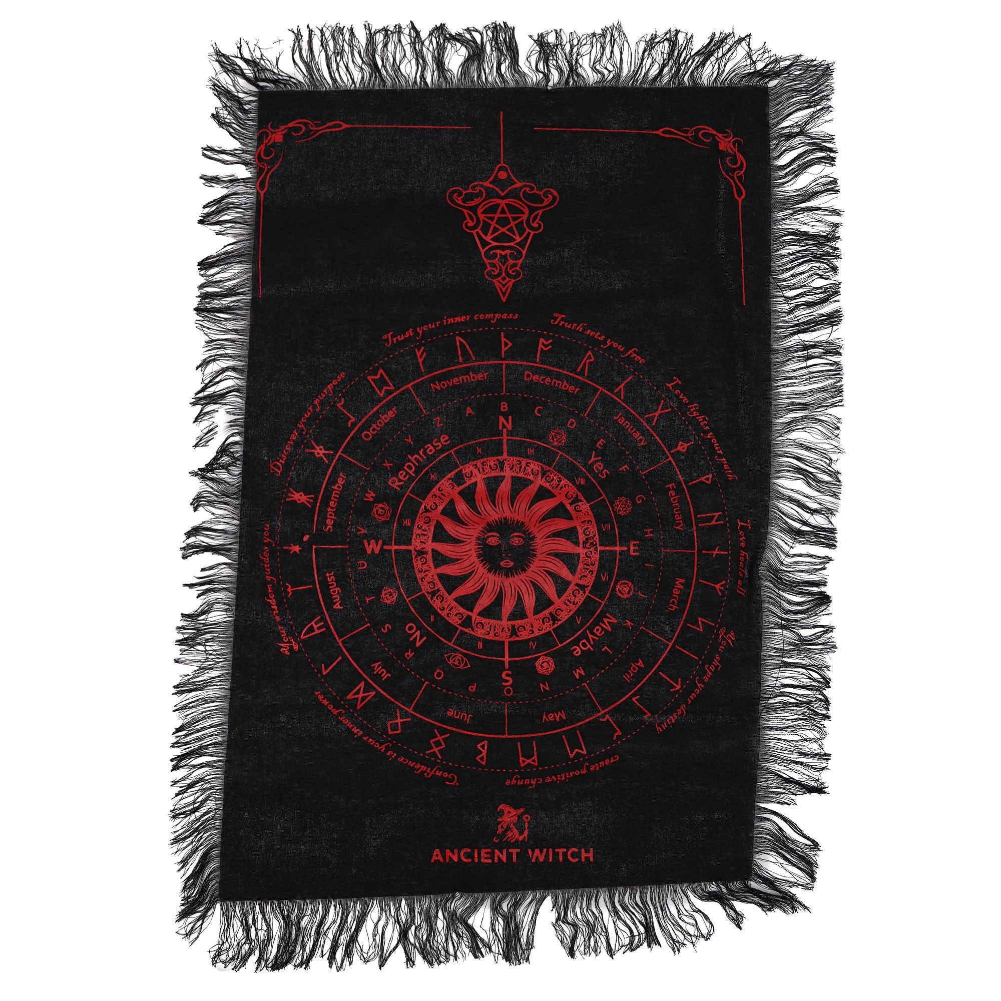 Ancient Witch Pendulum Divination Cloth - Sun Face - Black & Blood Red (30x46.5cm)