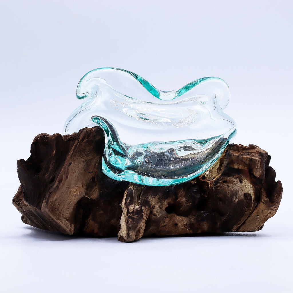 Molten Glass Wavy Bowl on Wood 18cm | Molten Glass Decor