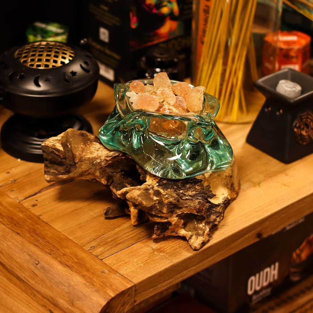 Molten Glass Chunky Ashtray / Candle Holder on Wood 23cm | Molten Glass Decor