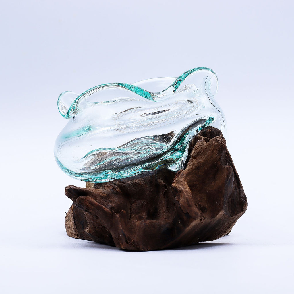 Molten Glass Wavy Bowl on Wood 18cm | Molten Glass Decor