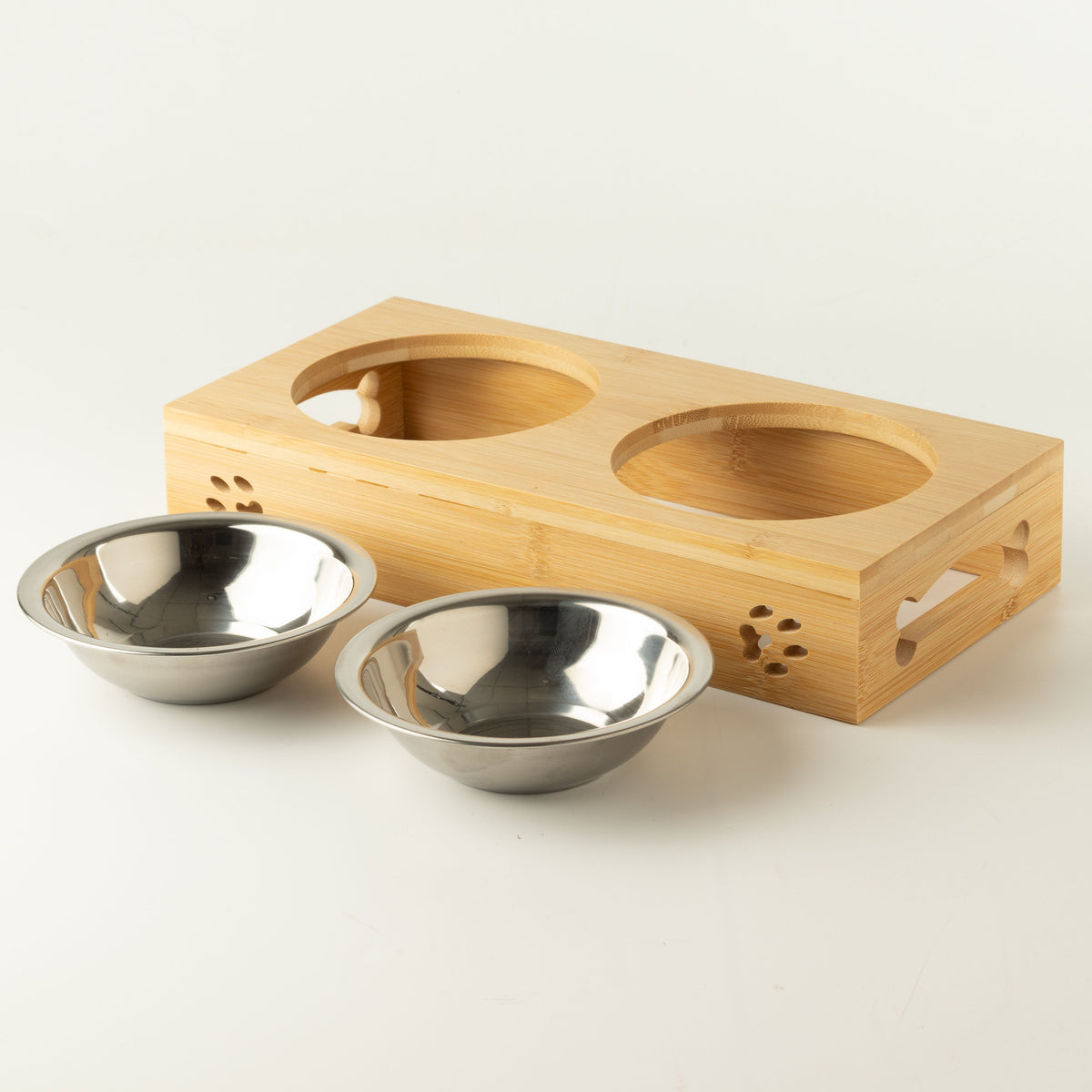 PAW Food Bowls - Double Stainless Steel in Wooden Stand - 2x12cm