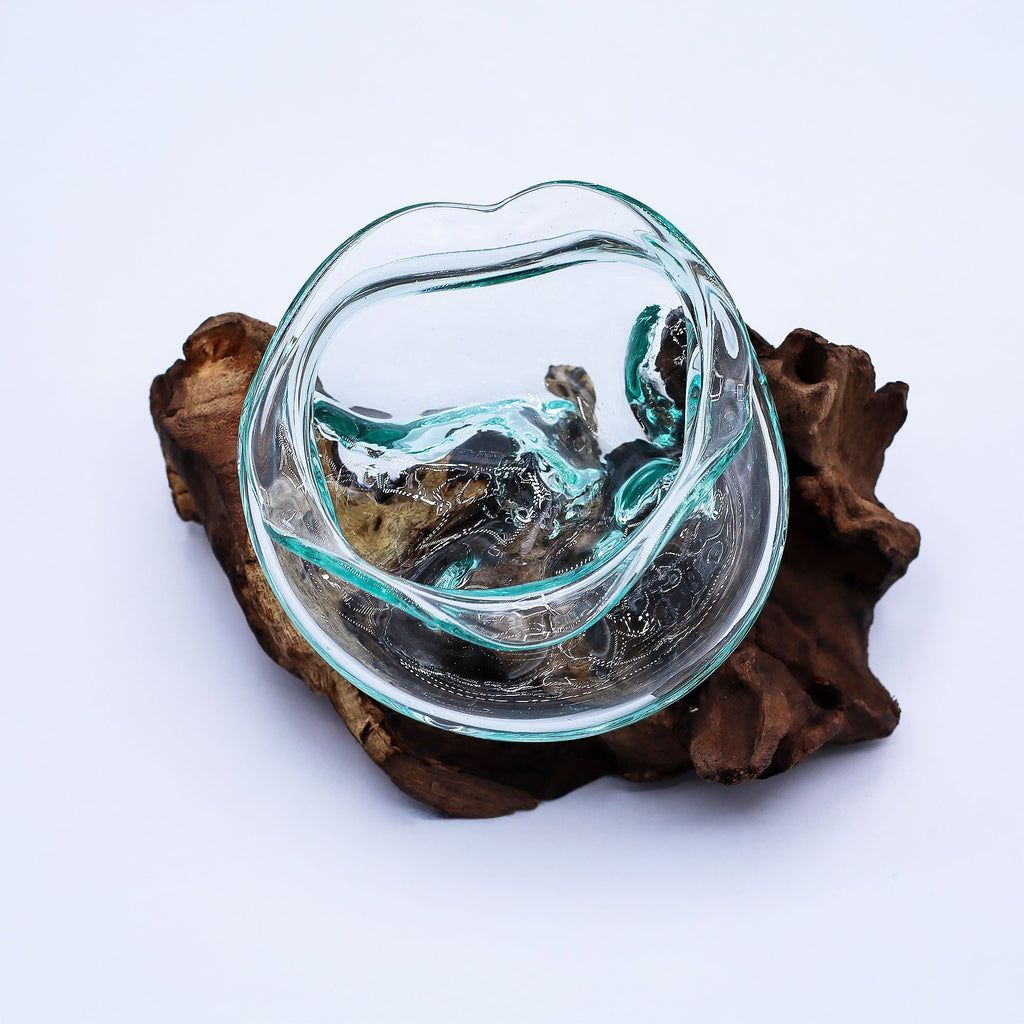 Molten Glass Wavy Bowl on Wood 18cm | Molten Glass Decor