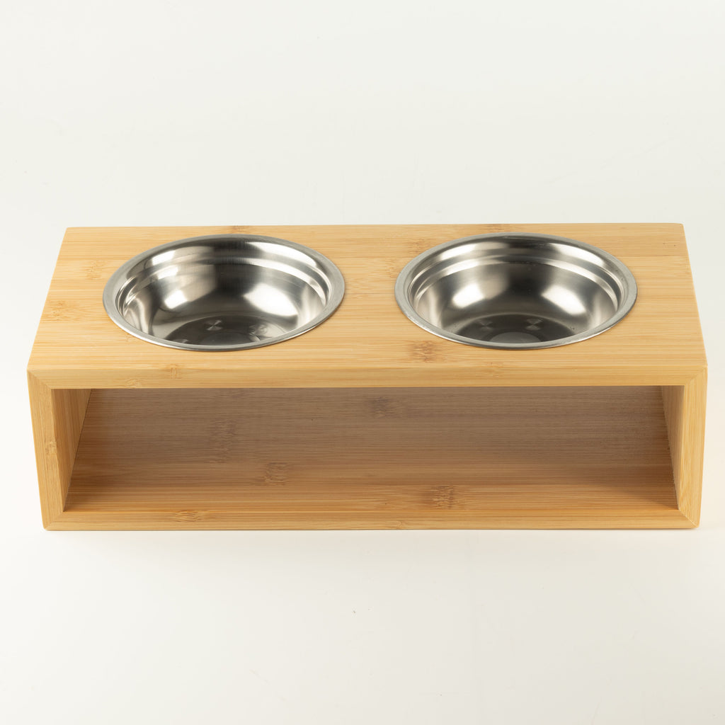PAW Food Bowls - Large Double Stainless Steel (201) in Wooden Stand - 2x13cm