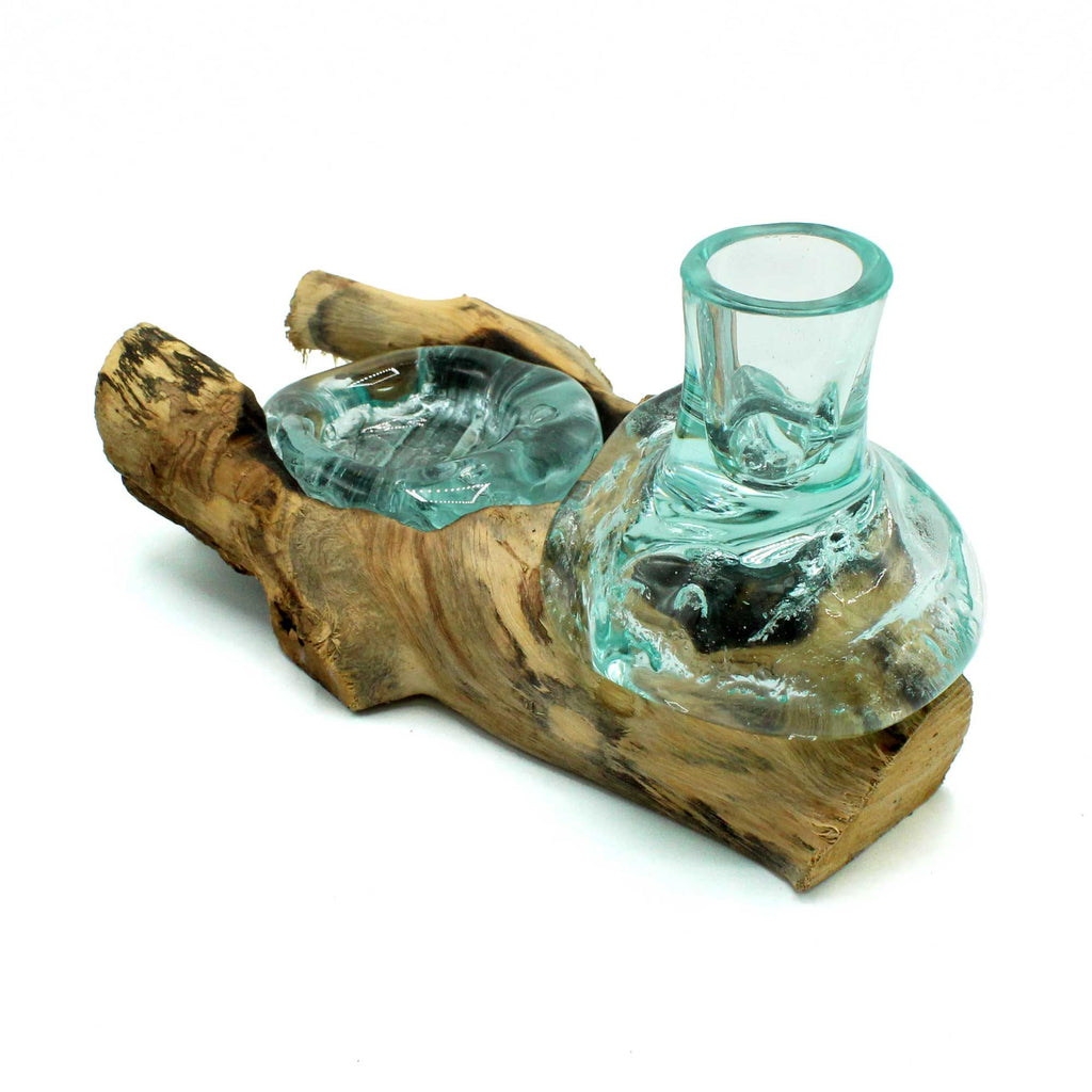 Molten Glass Small Flower Vase and Tealight Holder on Wood | Molten Glass Decor