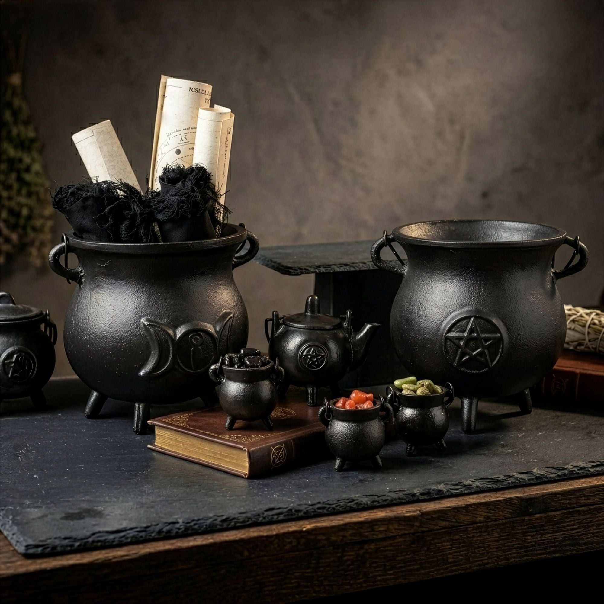 Large Cast Iron Cauldron with Triple Moon 23x18cm (at least 4kg)