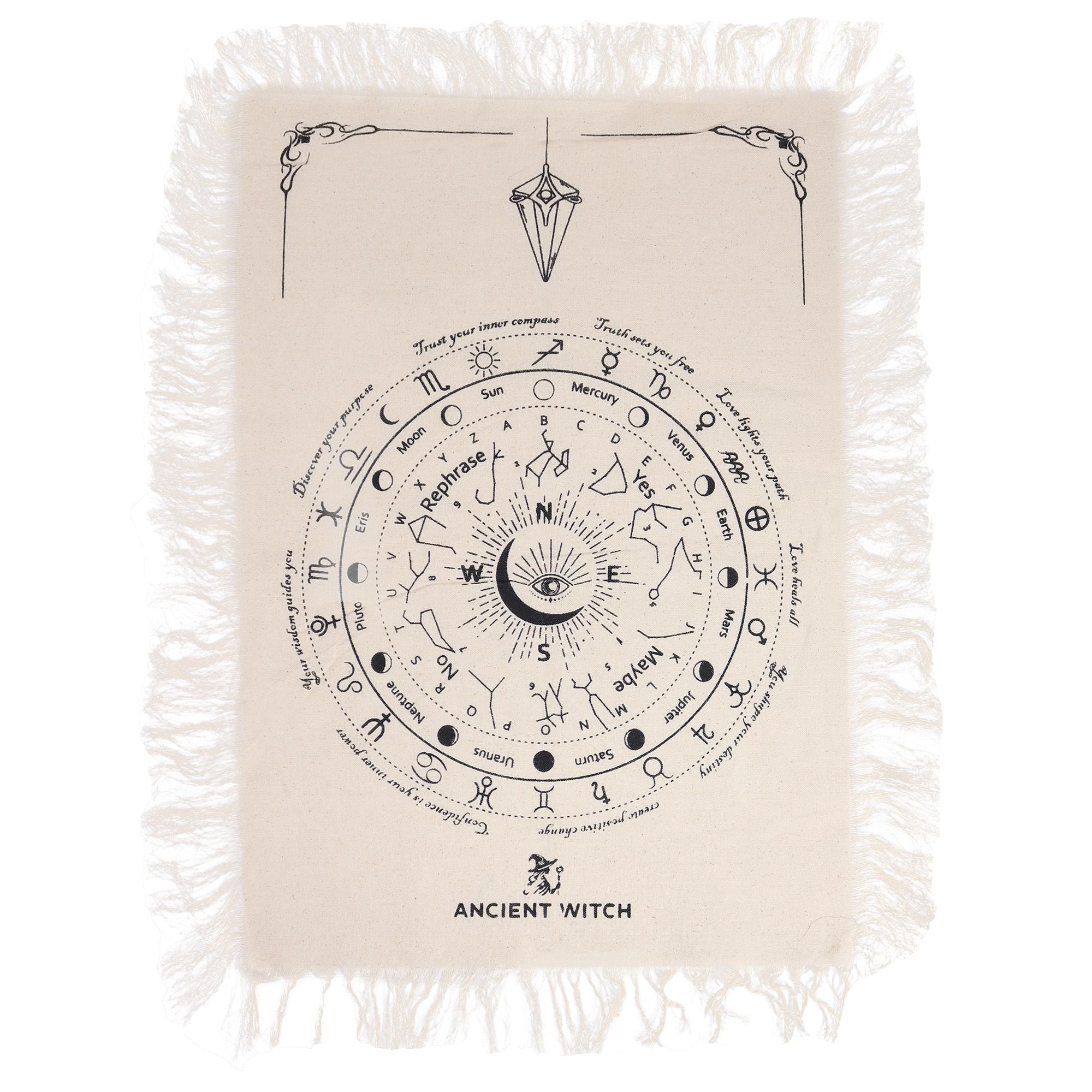 Ancient Witch Pendulum Divination Cloth - All Seeing Eye - Natural & Black (30x46.5cm)