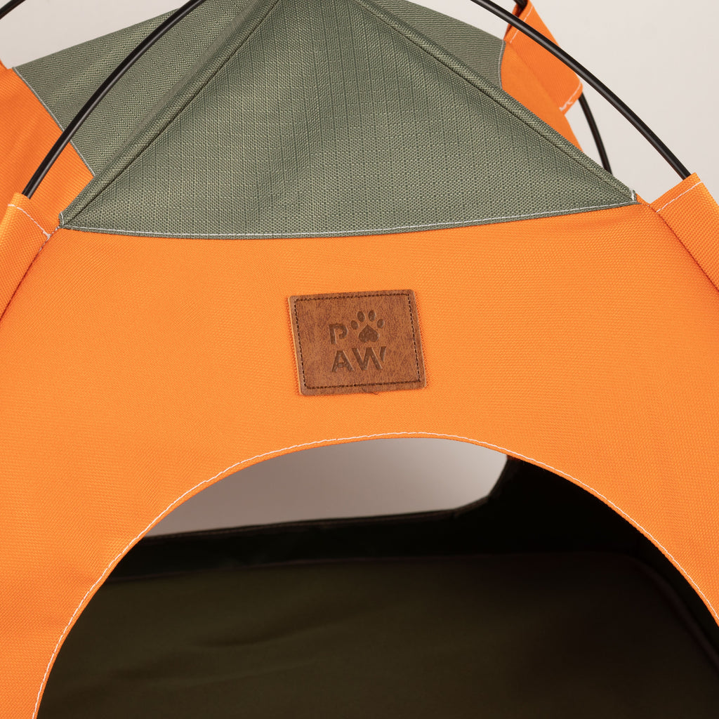 PAW Bed – Green & Orange Tent – 48 × 48 × 40cm