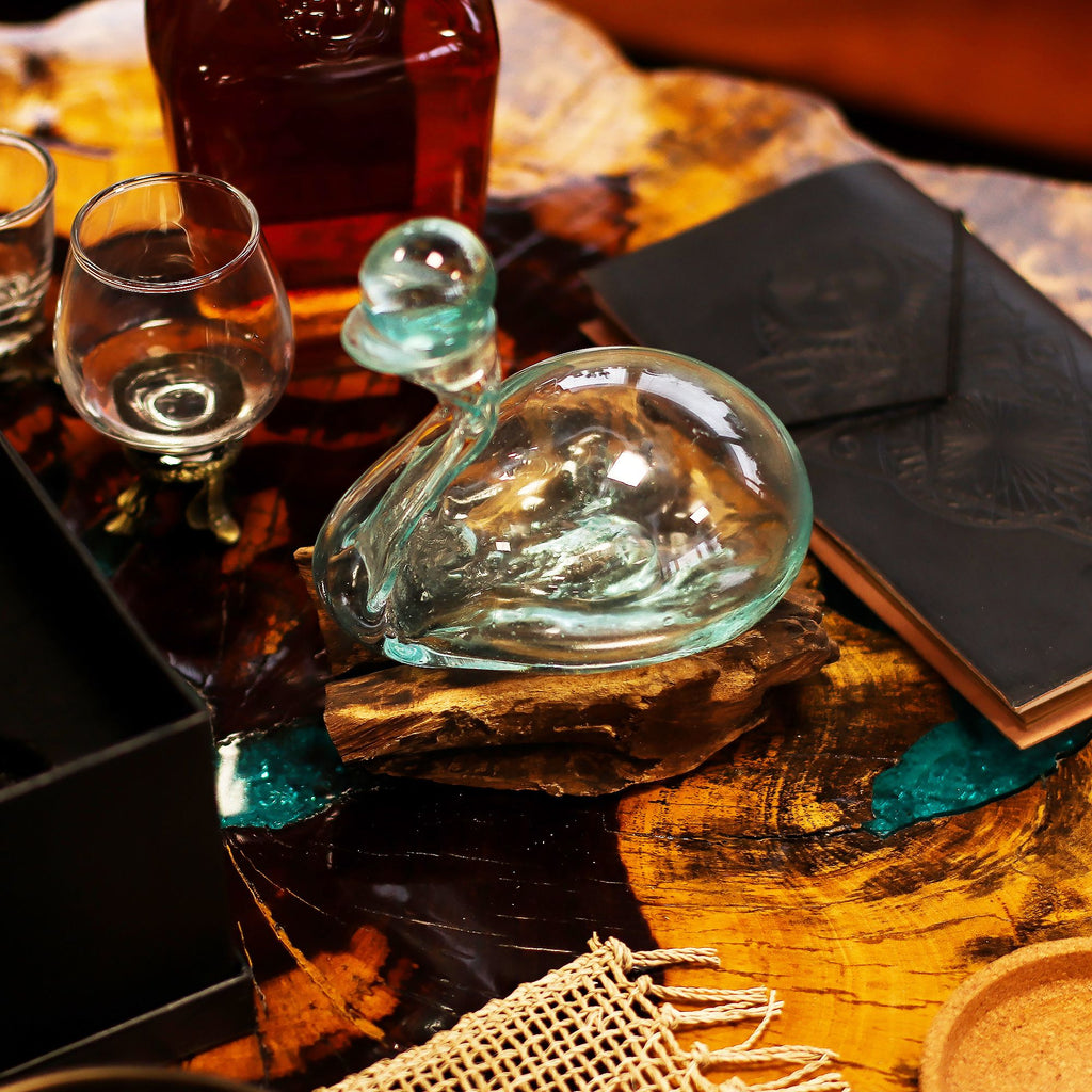 Molten Glass Duck Decanter on Wood with Stopper 19cm | Molten Glass Decor