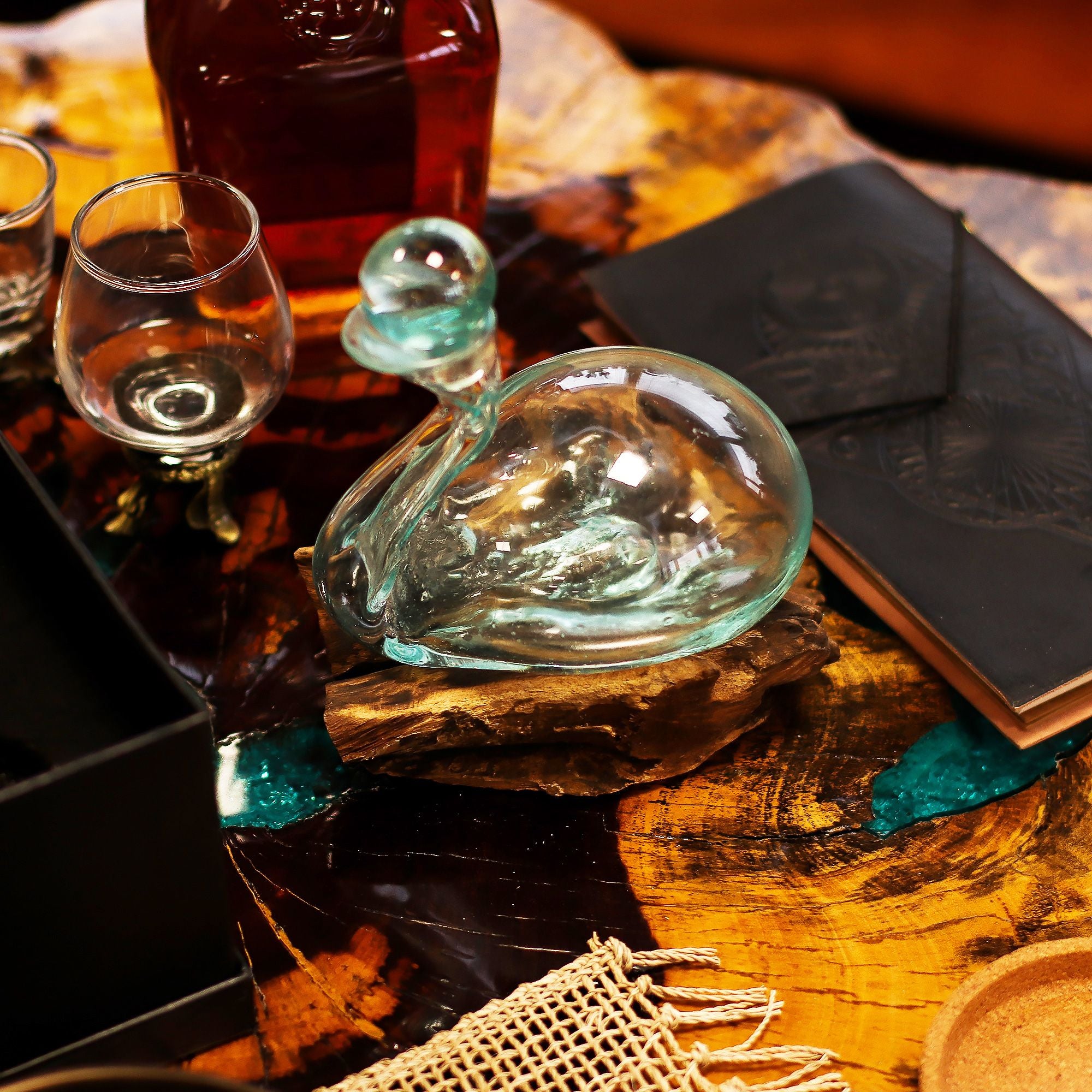 Molten Glass Duck Decanter on Wood with Stopper 19cm | Molten Glass Decor