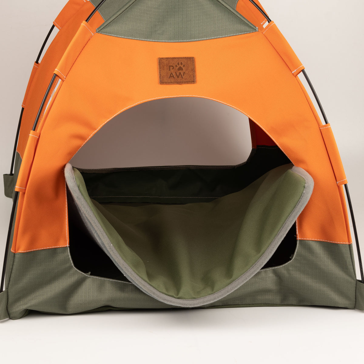 PAW Bed – Green & Orange Tent – 48 × 48 × 40cm