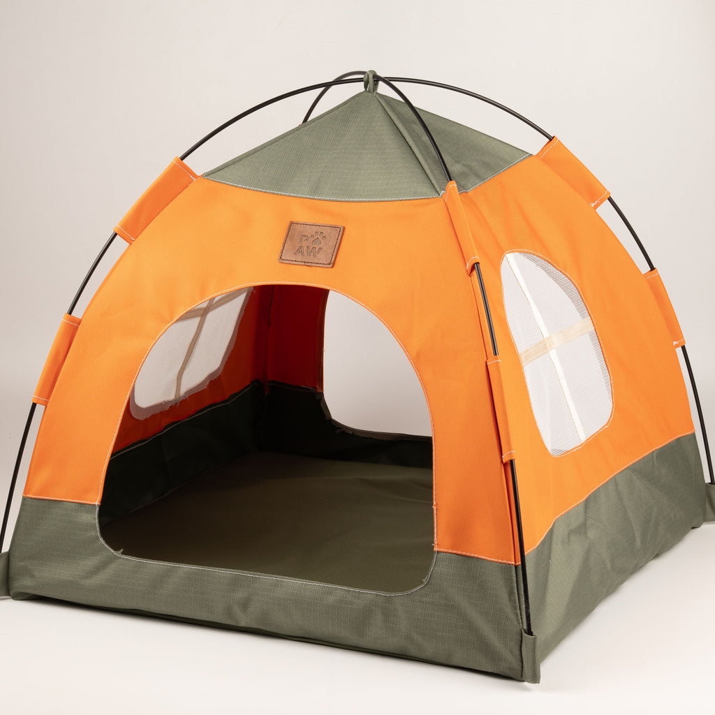 PAW Bed – Green & Orange Tent – 48 × 48 × 40cm