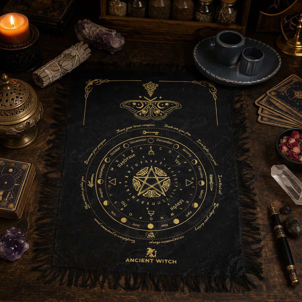 Ancient Witch Pendulum Divination Cloth - Mystic Moth - Black & Gold (30x46.5cm)