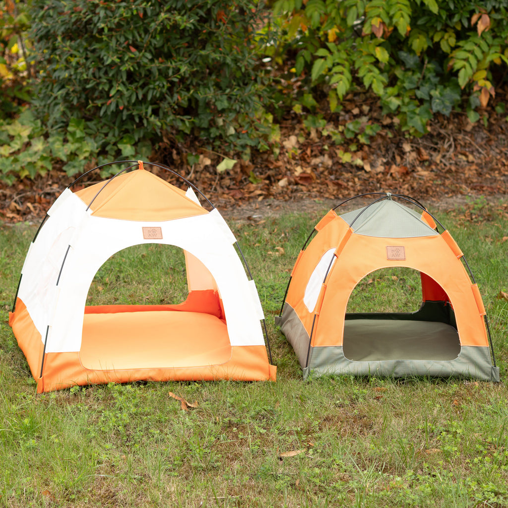 PAW Bed – Green & Orange Tent – 48 × 48 × 40cm