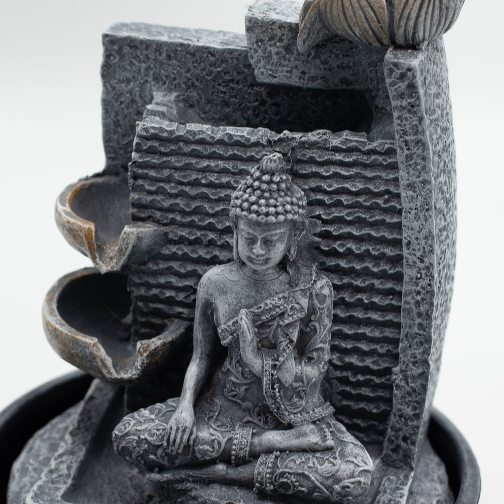 Tabletop Water Feature - 19x19x28cm - Buddha, Lotus Flower, Cascading Pots