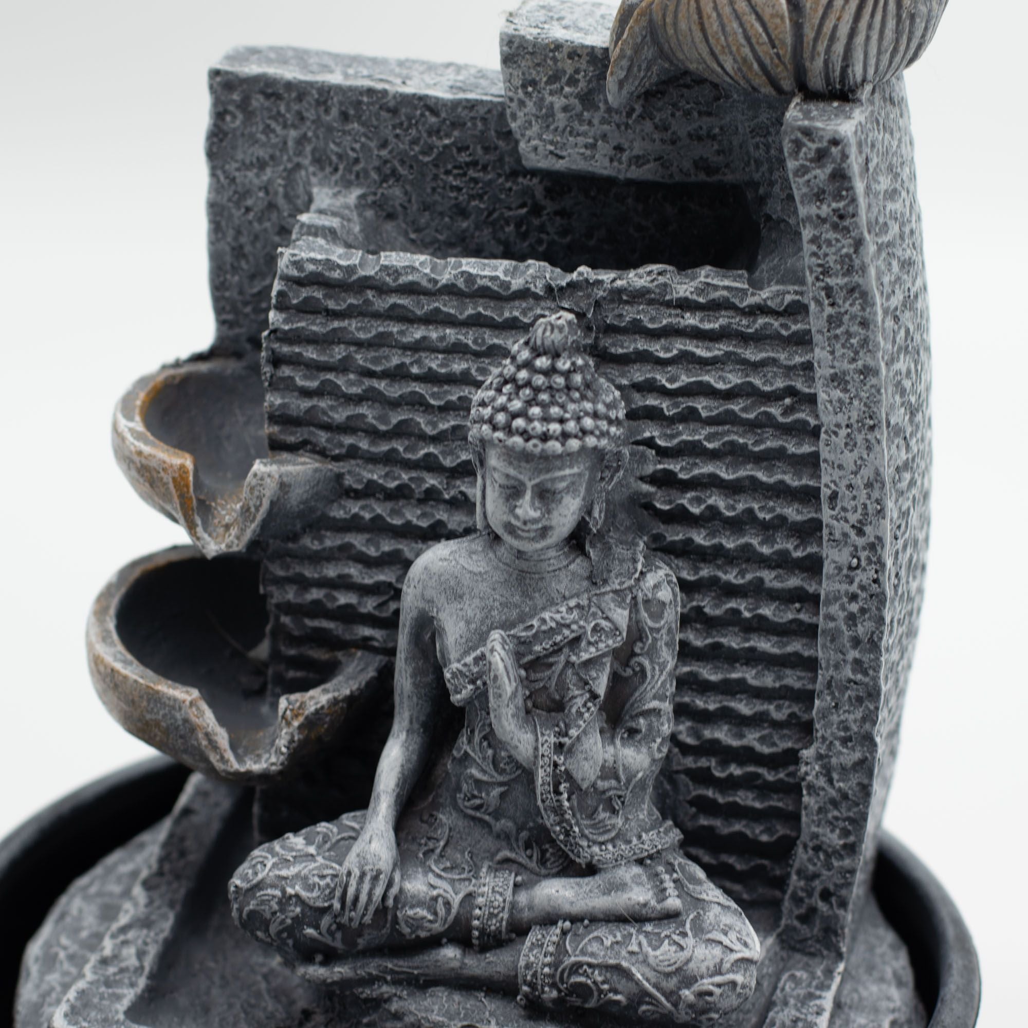 Tabletop Water Feature - 19x19x28cm - Buddha, Lotus Flower, Cascading Pots