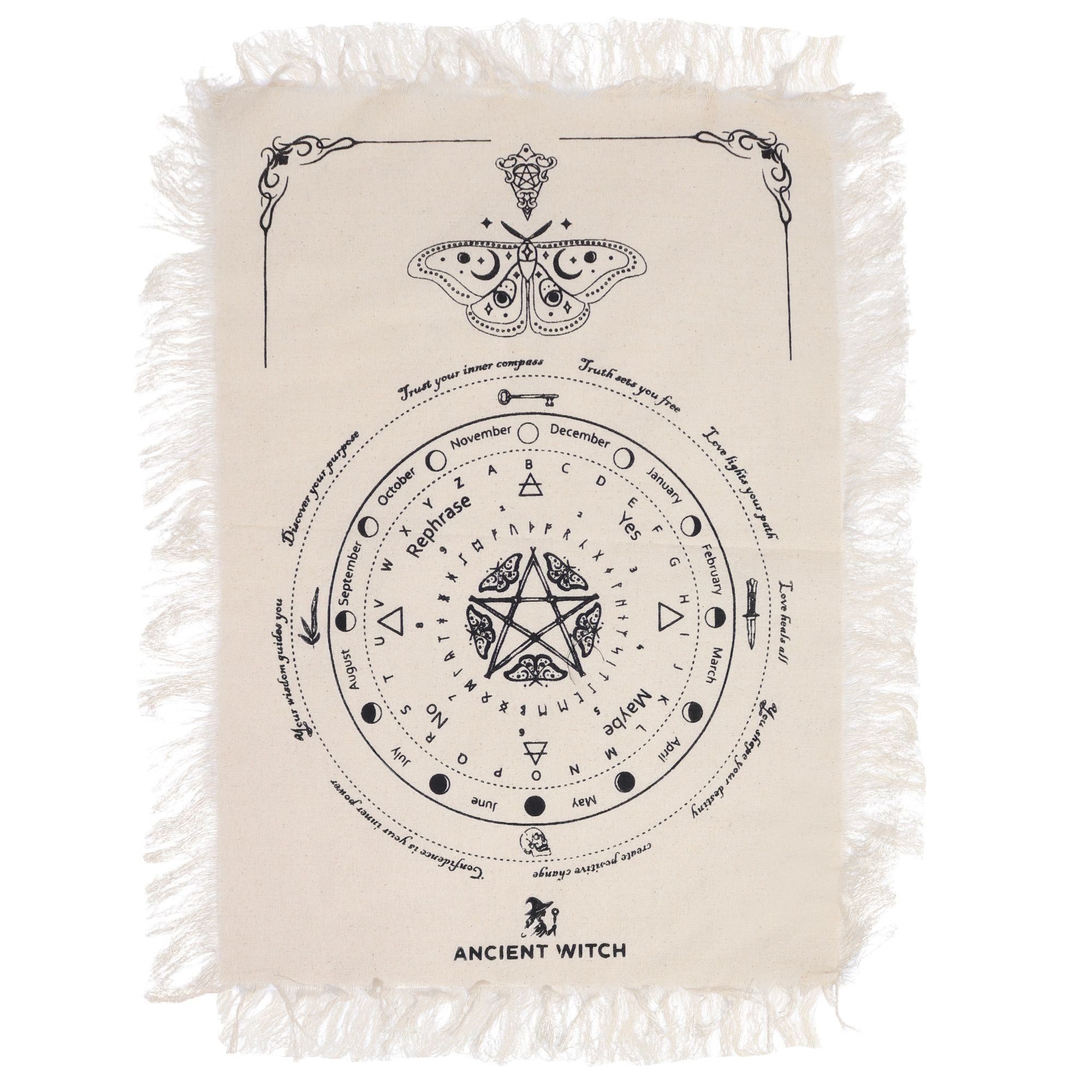 Ancient Witch Pendulum Divination Cloth - Mystic Moth - Natural & Black (30x46.5cm)